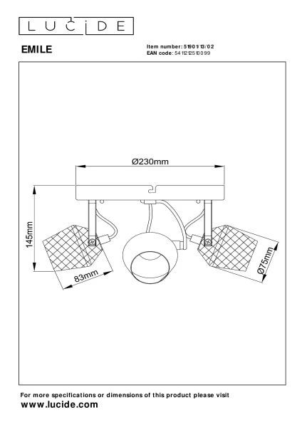 Lucide EMILE - Spot plafond - Ø 23 cm - 3xGU10 - Or Mat / Laiton - technique